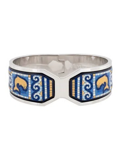Pre-owned Frey Wille Enamel Dolphin Of Poseidon Hinged Bangle, 6.5" In Blue/gold/white