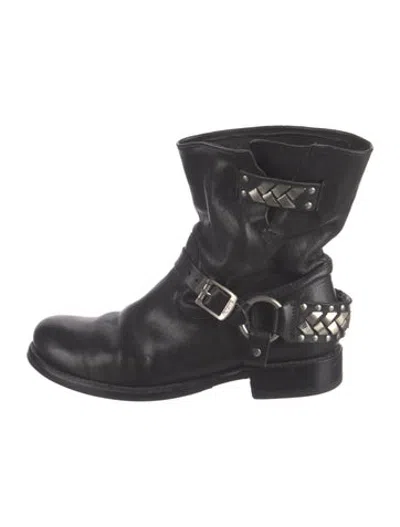 Pre-owned Frye Leather Chain-link Accents Moto Boots In Black