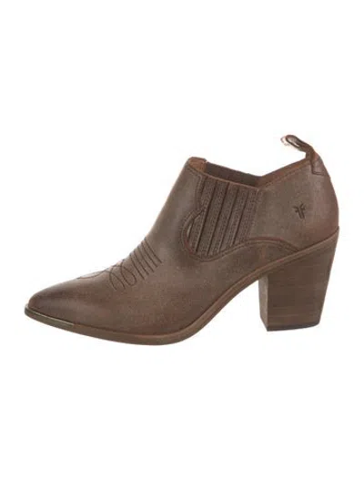 Pre-owned Frye Leather Embroidered Accent Western Boots In Brown