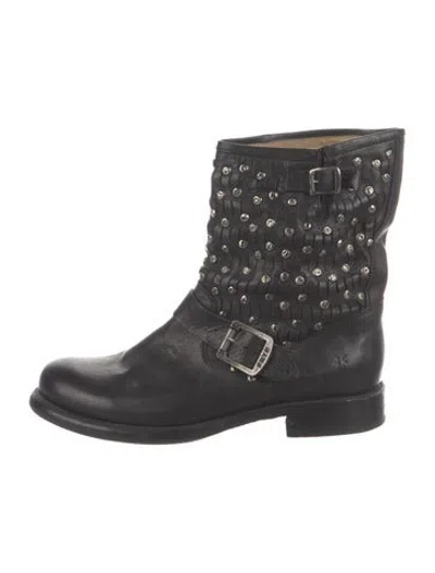 Pre-owned Frye Leather Studded Accents Moto Boots In Black