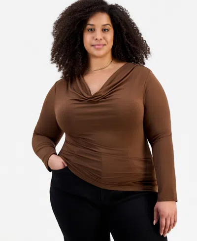 Full Circle Trends Trendy Plus Size Cowlneck Jersey Top In Brown