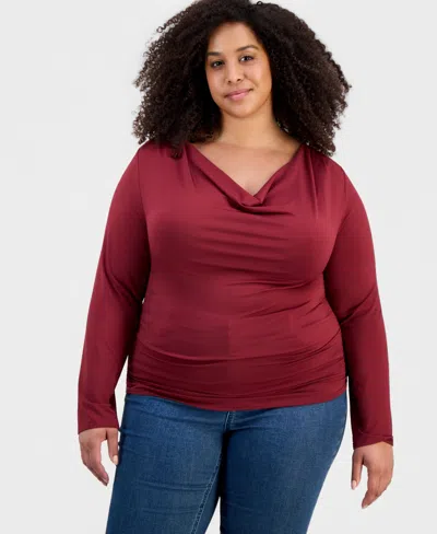 Full Circle Trends Trendy Plus Size Cowlneck Jersey Top In Burgundy