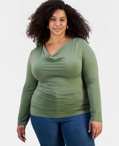 Full Circle Trends Trendy Plus Size Cowlneck Jersey Top In Green