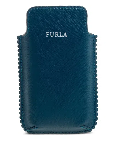 Pre-owned Furla Leather Scalloped-edge Phone Case In Blue