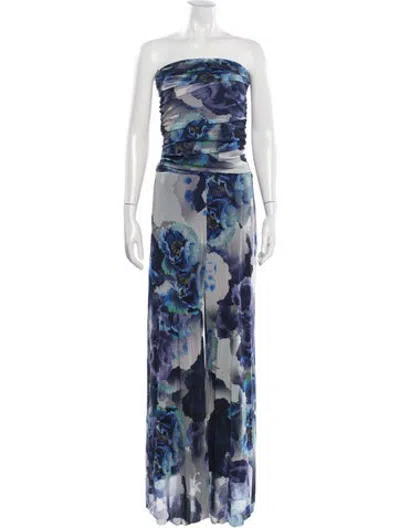 Pre-owned Fuzzi Floral Print Strapless Jumpsuit In Blue