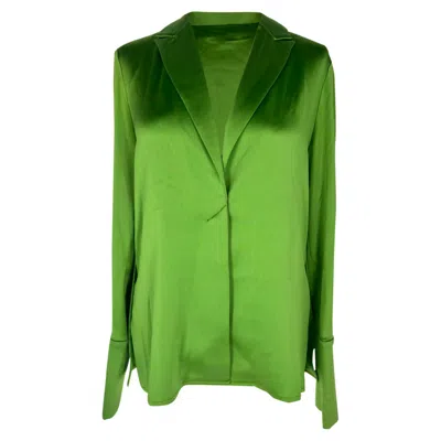 Pre-owned Galvan London V-neck Cuffed-sleeve Blouse In Green Satin