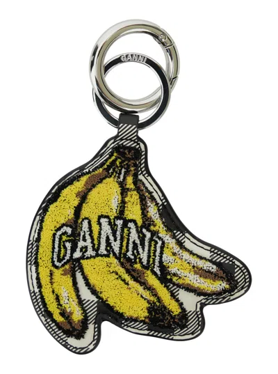 Ganni Banana-shaped Leather And Tech Fabric Keyring With Logo Lettering In Black
