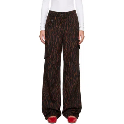 Ganni Brown Printed Cotton Cargo Pants In Animal Print