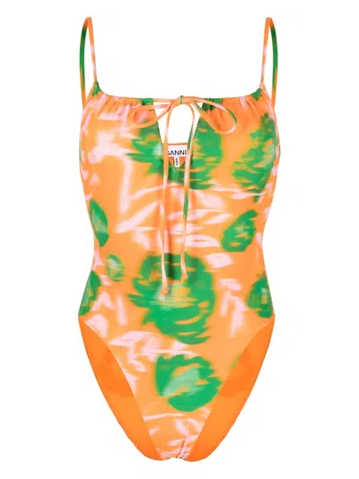 Ganni Floral-watercolor Print Swimsuit In Orange