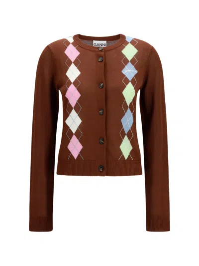 Ganni Knitted Cardigan With Diamond Motif In Brown