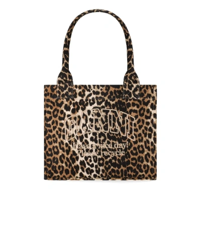 Ganni Leopard Tote Bag In Brown