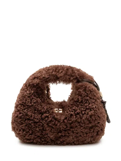 Ganni Mini Curl Fur Hobo Handbag In Demitasse