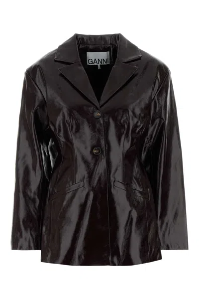 Ganni Plum-effect Synthetic Leather Blazer In Black