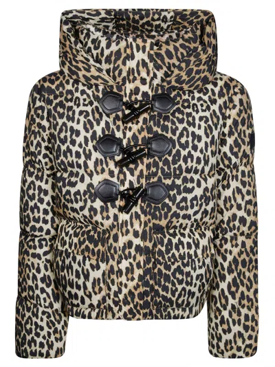 Ganni Printed Quilt Mini Puffer Jacket In Brown