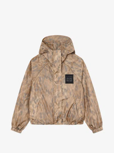 Ganni Recycled Polyamide Hooded Jacket With Front Zip & Drawstring Hem In Marrone