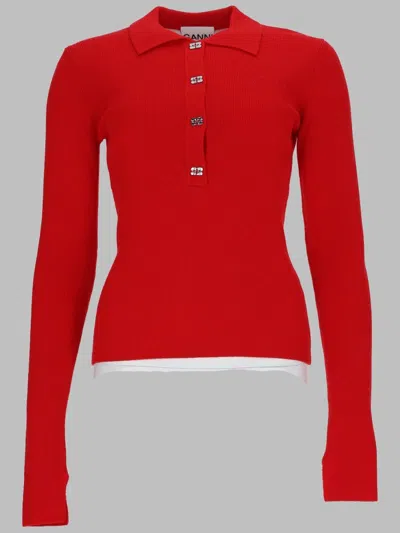Ganni Women's Wool Knit Polo Sweater In Red