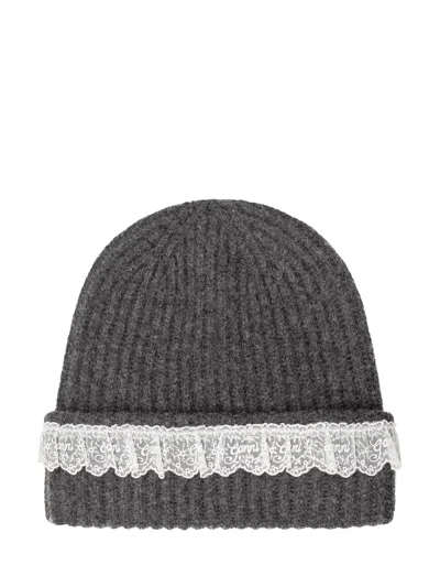 Ganni Wool Lace Beanie Hat In Gray