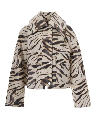 Ganni Zebra Print Cropped Button-front Jacket In Egret