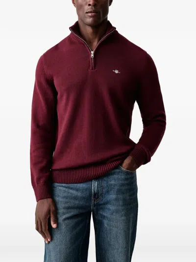 Gant Half-zip Embroidered-logo Sweater In Red