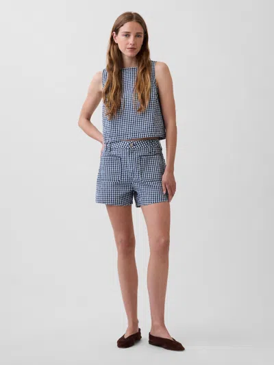 Gap 3.5" High Rise Gingham Relaxed Straight Denim Shorts In Navy Blue Gingham