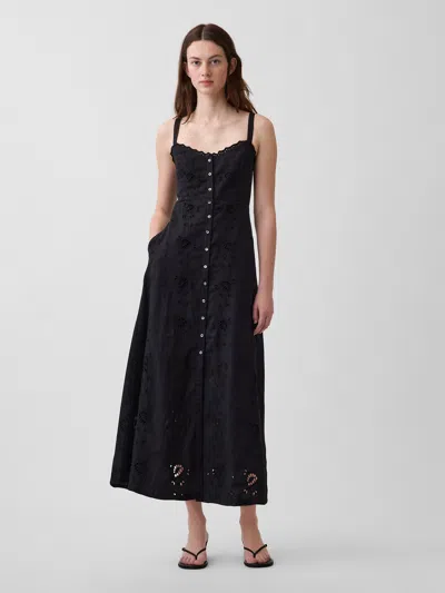 Gap Linen-blend Embroidered Button-front Cami Maxi Dress In Black