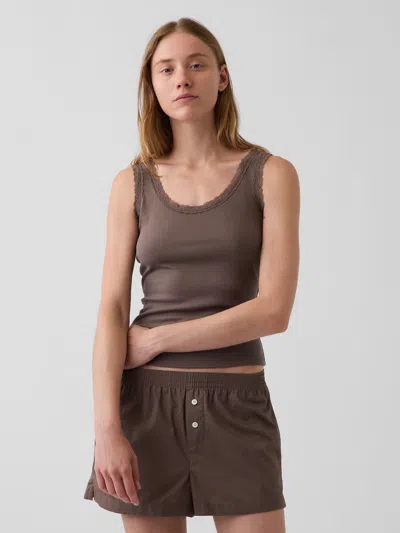 Gap Mini Rib Lace-trim Pj Tank Top In Toasted Almond Brown