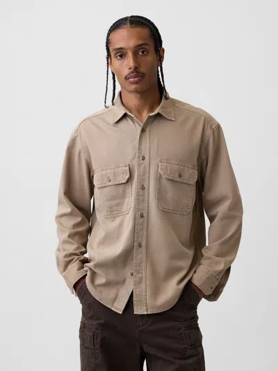 Gap Ultrasoft Denim Relaxed Utility Shirt In Camp Khaki