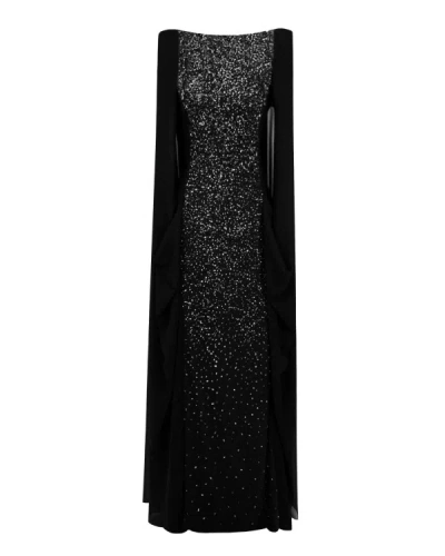 Gemy Maalouf Black Beaded Round-neckline Dress - Long Dresses