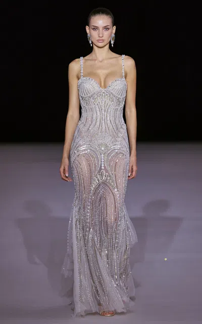 Georges Hobeika Crystal-embellished Sheer Corset Gown In Silver