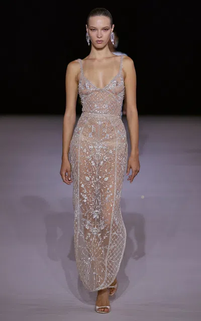 Georges Hobeika Crystal-embellished Sheer Silk-blend Gown In Nude