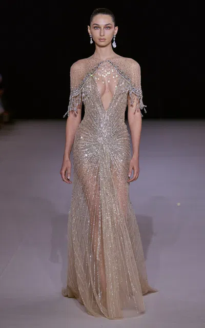 Georges Hobeika Crystal-embellished Silk-blend Gown In Silver