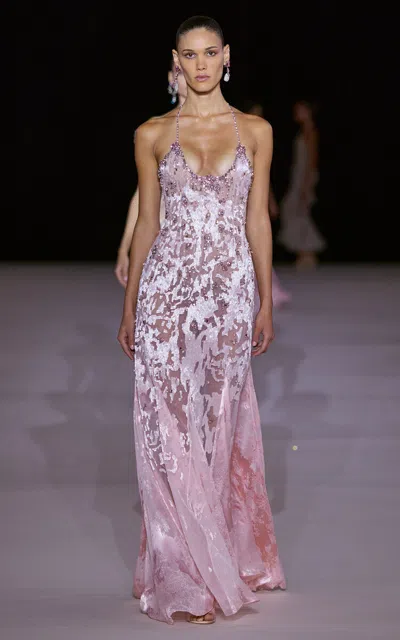 Georges Hobeika Embellished Halter Silk-blend Column Gown In Light Pink