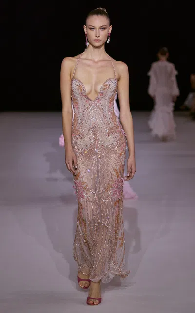 Georges Hobeika Embellished Halter Silk-blend Gown In Light Pink