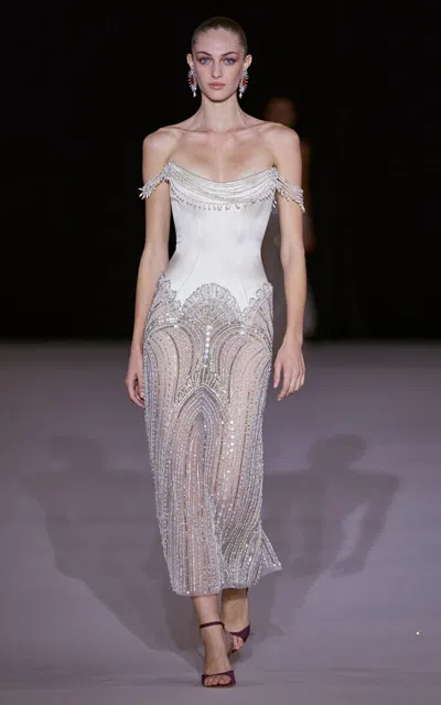 Georges Hobeika Embellished Off-shoulder Corset Silk-blend Gown In Silver
