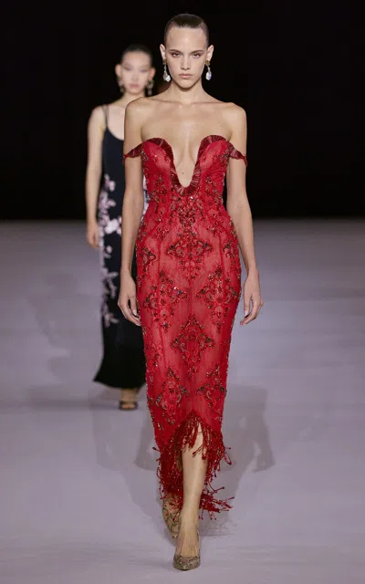 Georges Hobeika Embellished Off-shoulder Silk-blend Gown In Red