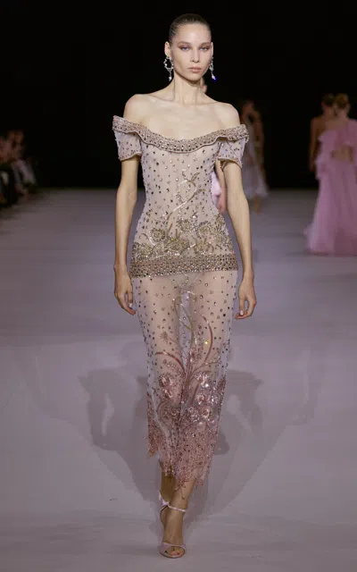 Georges Hobeika Embellished Off-shoulder Silk-blend Midi Dress In Neutral
