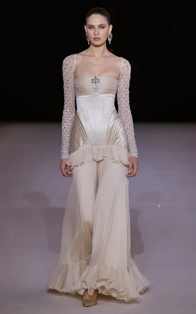 Georges Hobeika Embellished Pleated Silk-blend Gown In Neutral