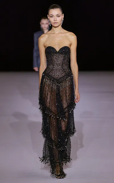 Georges Hobeika Embellished Sheer Corset Silk-blend Gown In Black