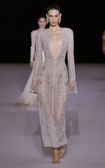 Georges Hobeika Embellished Sheer Long-sleeve Silk-blend Gown In Silver