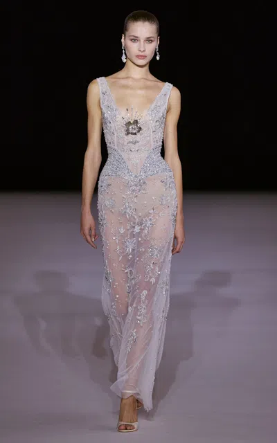 Georges Hobeika Embellished Sheer Silk-blend Gown In Silver