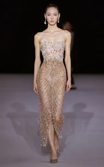 Georges Hobeika Embellished Silk-blend Strapless Midi Dress In Nude
