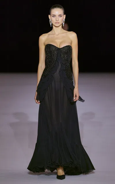 Georges Hobeika Embellished Strapless Silk-blend Maxi Dress In Black