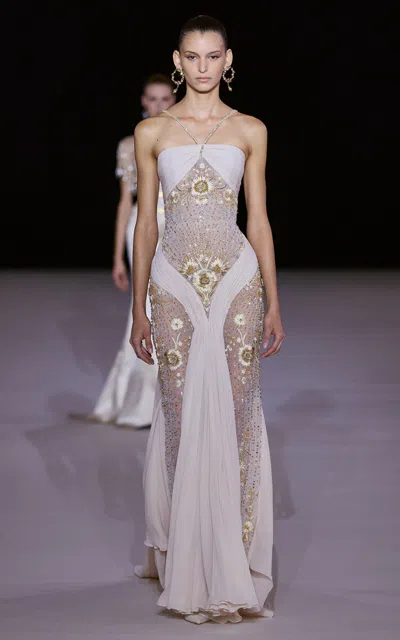 Georges Hobeika Embroidered Draped Silk-blend Gown In Neutral