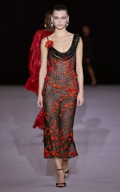 Georges Hobeika Floral Embroidered Sheer Silk-blend Midi Dress