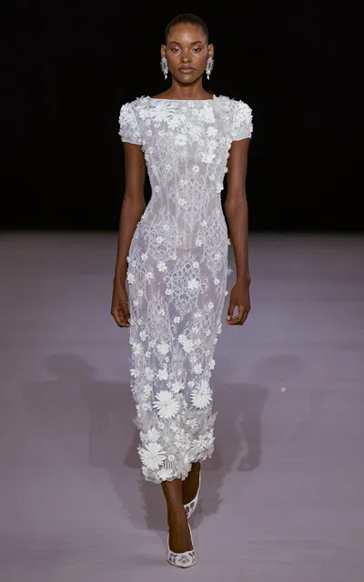 Georges Hobeika Floral Lace Silk-blend Midi Dress In White