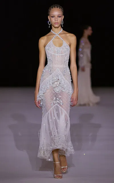 Georges Hobeika Lattice-embellished Halter Silk-blend Gown In Silver