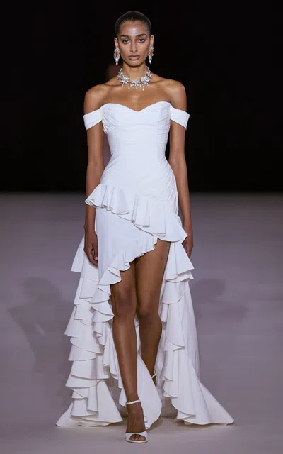 Georges Hobeika Off-shoulder Ruffled Silk-blend Gown In White