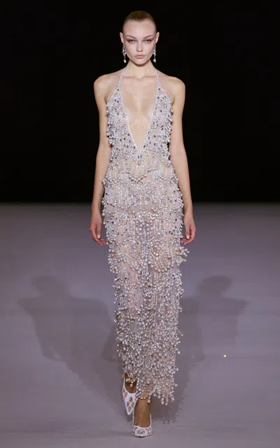 Georges Hobeika Pearl-embellished Halter Silk-blend Gown In Silver