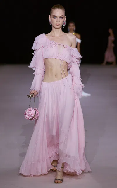 Georges Hobeika Ruffled Silk-blend Crop Top In Light Pink
