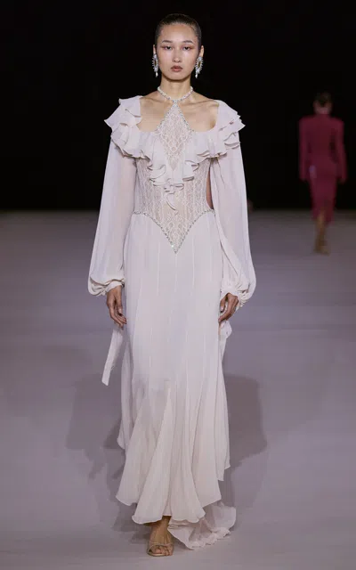 Georges Hobeika Ruffled Silk-blend Lace Gown In Neutral
